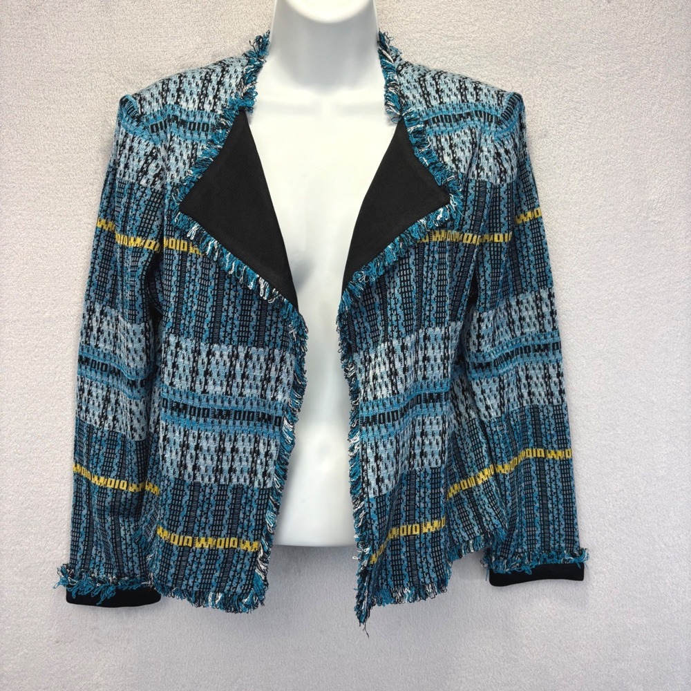 Ming Wang Knit Cardigan Jacket Womens PS Petite Small Blue Plaid Fringe Open